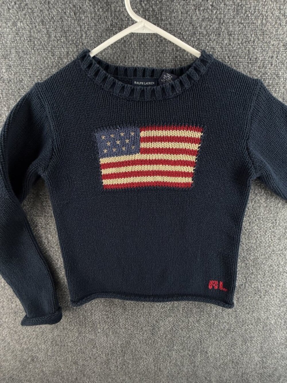 Ralph Lauren Boys Flag Sweater USA Large Cotton Japan Made Navy Blue Crew Neck
